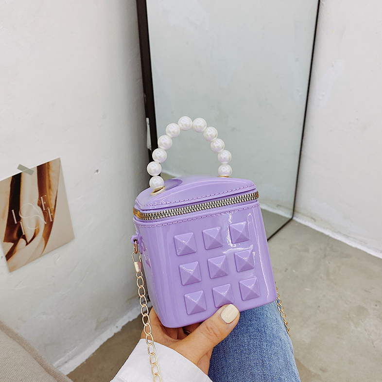 

Bucket Gel Bag Women's Rivet Mini Bags Fashion Crossbody Pearl Hand Chain, As pic