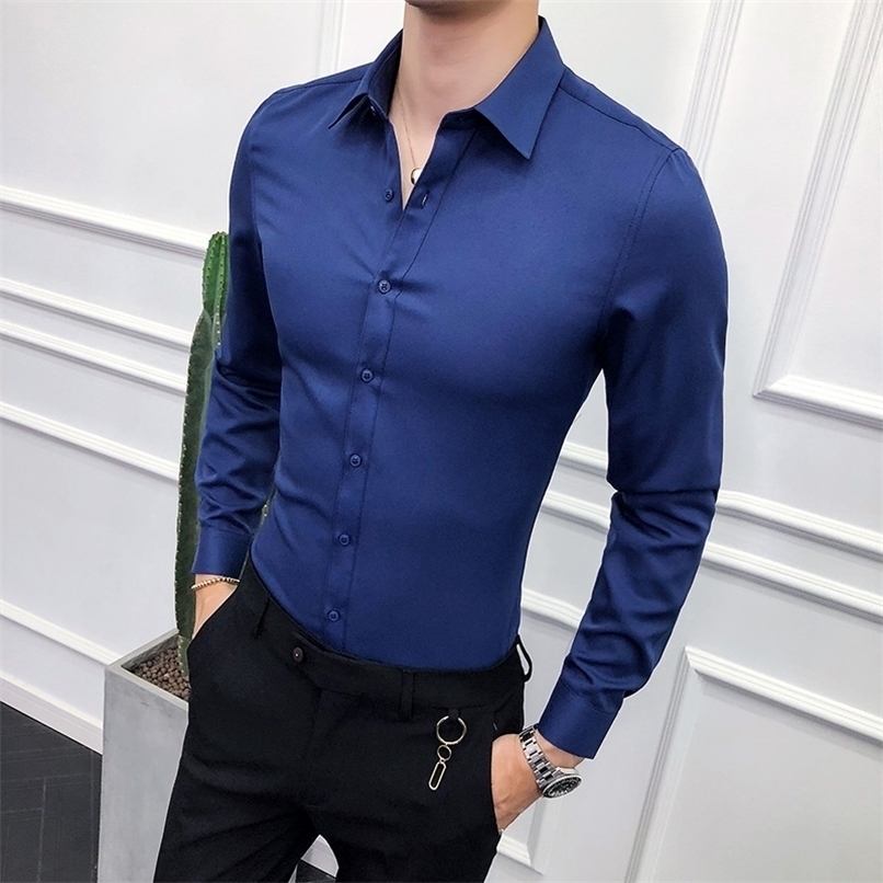 

High Quality Men Shirt Long Sleeve Solid Formal Business Slim Fit Brand Man Dress s Social Turn-Down Collar 6Colors 220322, Navy blue