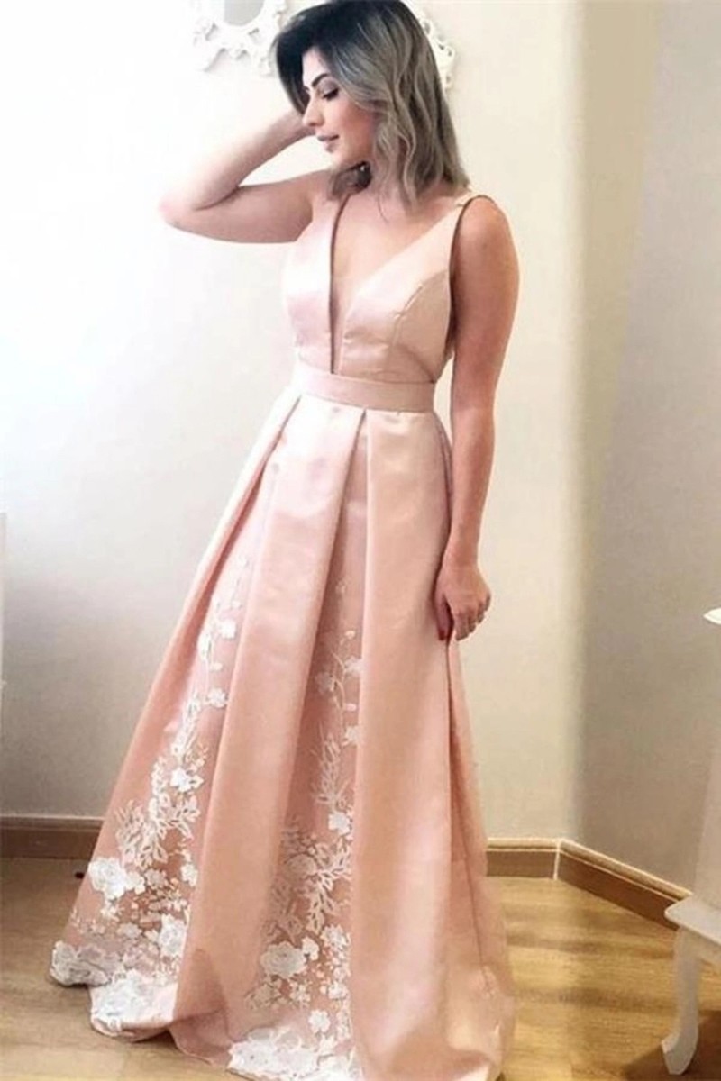 

Pink Evening Dresses V Neck White Lace Appliques Satin Formal Sleeveless A Line Prom Gowns vestidos de fiesta, Water melon