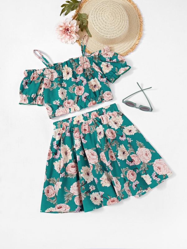 

Girls Floral Print Cold Shoulder Top & Flared Skirt SHE, Green