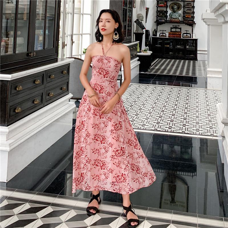 

Casual Dresses Summer Sexy V-neck Sleeveless Women Halter Strapless Party Roses Print Pink Femme Clothes Beach Ladies Dress, Xaq638