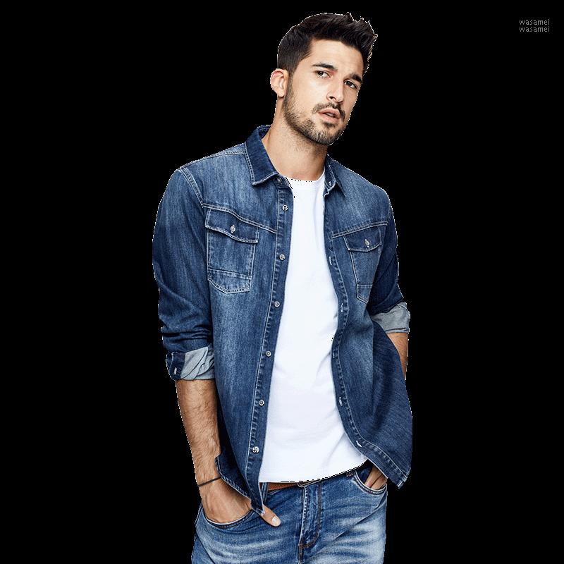

Men's Casual Shirts Denim Shirt Fashion Leisure Male Lapel Tops Spring Long Sleeve Thin Coat Blue