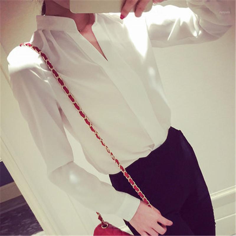 

Women' Blouses & Shirts 2022 Spring Fashion Women Full Sleeve Casual Chiffon Blouse Tops Female Stand Collar Solid Color White Pink Office