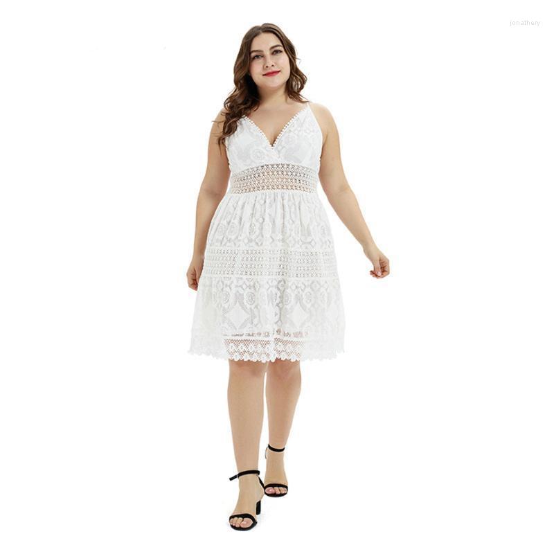 

Plus Size Dresses Sexy Hollow Out Elegant Dress For Wedding Party Lady Lace White Middle Set Feminine Clothes Skirt Black Halter Jona22