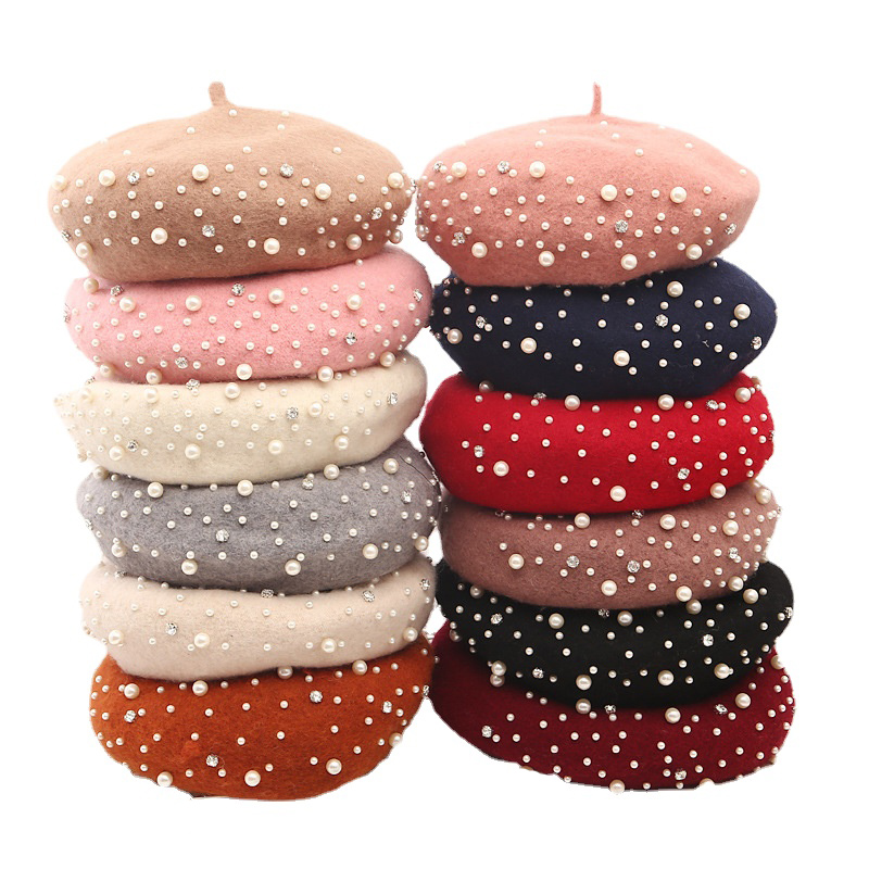 

Classic Style Pearl Wool Berets Autumn Winter Women Luxury Retro Warm Woolen Octagonal Hat Girls Flat Cap Ladies Pumpkin Hat, Red