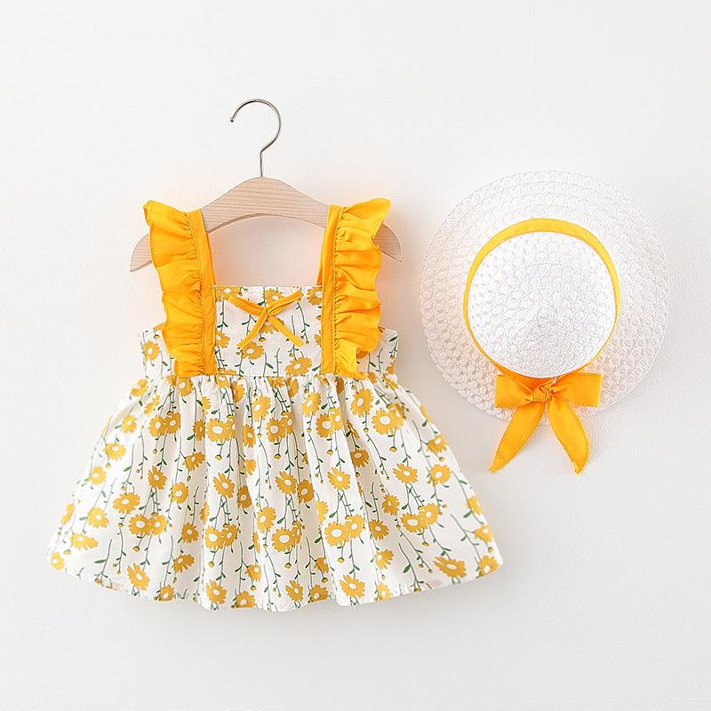 

Girl's Dresses Children's Dress 2022 Summer Infant Baby Girl Suspender Cotton Girls Floral Send Hat 0-3 YearsGirl's, Blue