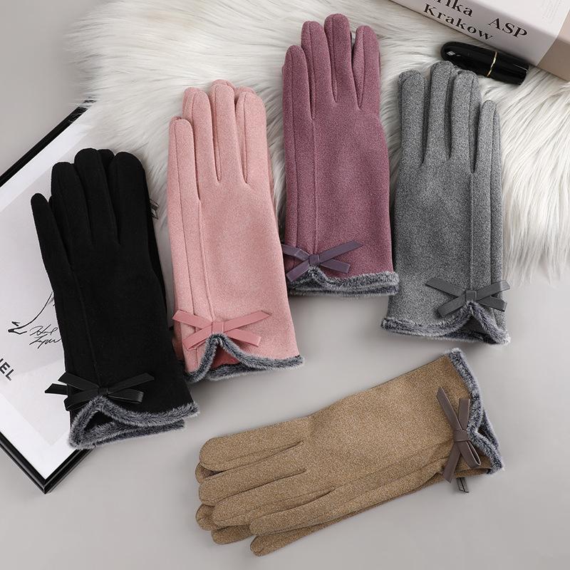 

Five Fingers Gloves Korean Plus Velvet Bow Outdoor Cycling Warm Women's Winter Thick Plush Full Finger Touch Screen Driving Mittens S18