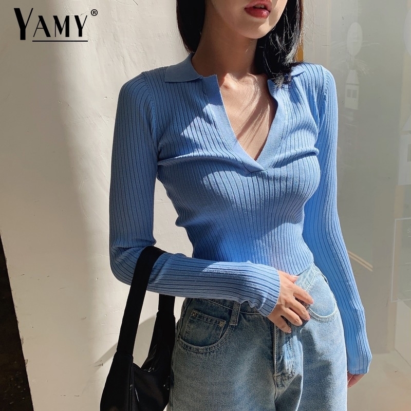 

Fall ladies polo shirt women long sleeve crop top white solid cropped polo shirts mujer sexy t shirts Korean streetwear Y200412, Turquoise