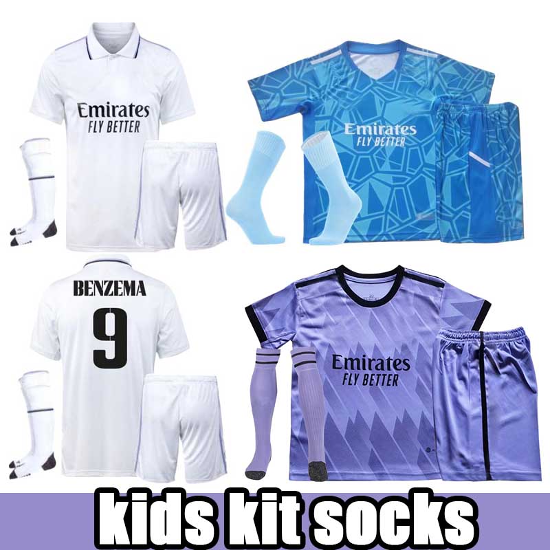 

2022 2023 BENZEMA kids kit socks soccer jerseys goalkeeper  23 football shirt Real Madrids CAMAVINGA ALABA MODRIC VALVERDE camiseta uniforms VINI JR CASEMIRO
