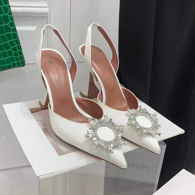 

Amina muaddi Begum sunflower Crystal-Embellished buckle sandals high heeled shoes pointed toe women's Luxury Designers Dress shoe Evening White satin Women Shoes, 4#