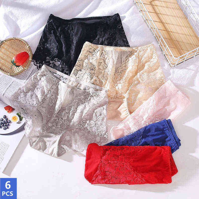 

6PCS Women's Sexy Mesh Panties High-waist Seamless Lace Underwear Briefs Transparent Silk Cotton Health Knickers Lingerie 5XL T220810, Red
