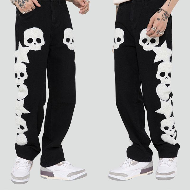 

Men' Jeans Men' Hip Hop Streetwear Vintage Skull Towel Embroidery Denim Pants Harajuku Oversized Casual Straight Cargo Trousers MaleMe, Black