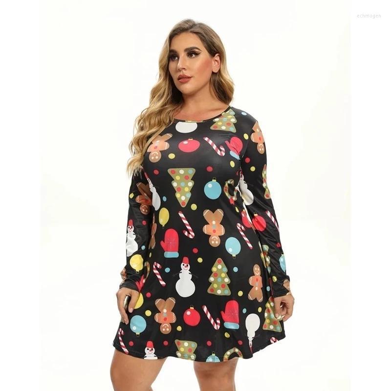 

Plus Size Dresses 5XL Autumn Winter Christmas Dress Year Party Festival Family Women Cartoon Print Long Sleeve Casual Vestidos Echm22, 0213