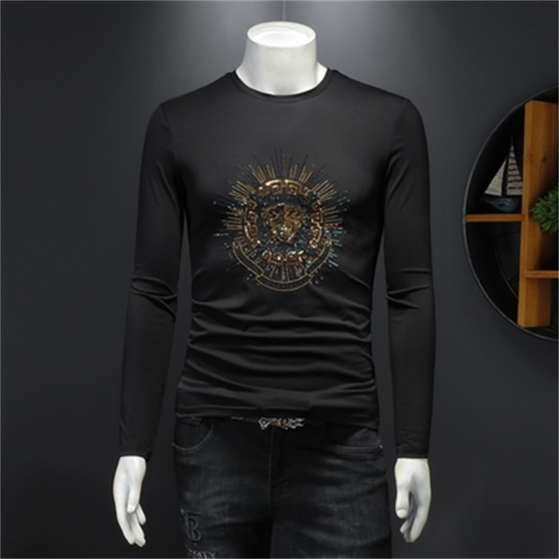 

2023 new men's tops embroidery printing long-sleeved T-shirts trendy casual fashion all-match handsome young sequins bottoming shirts, Black