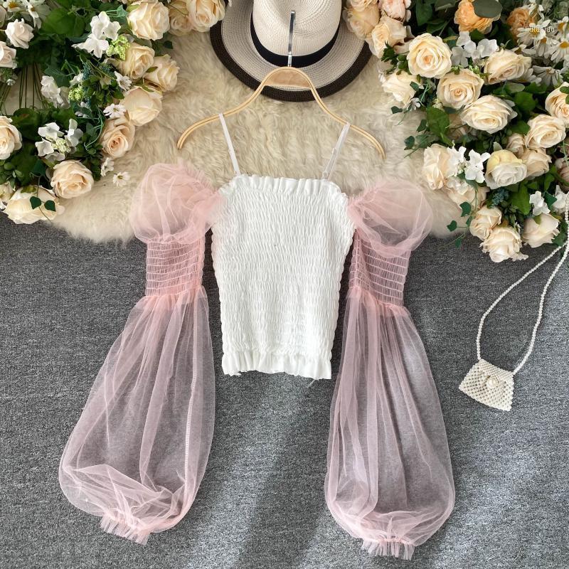 

Women Fashion Perspective Mesh Long Puff Sleeve Stitching Elastic Short Slim Shirts Korean Clothing Blouse N808 Women's Blouses &, Black