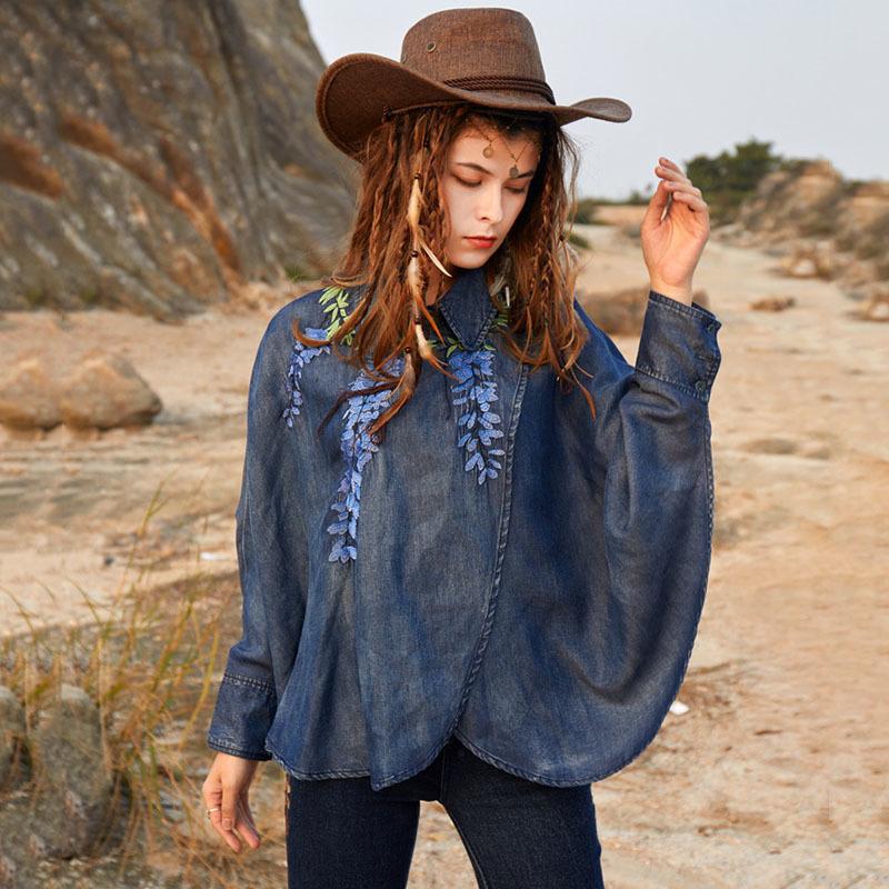 

Women's Blouses & Shirts SeeBeautiful Simple Retro Embroidered Loose Denim Shirt Batwing Sleeve Lapel Button Summer 2022 Fashion Q286Women's, Denim blue