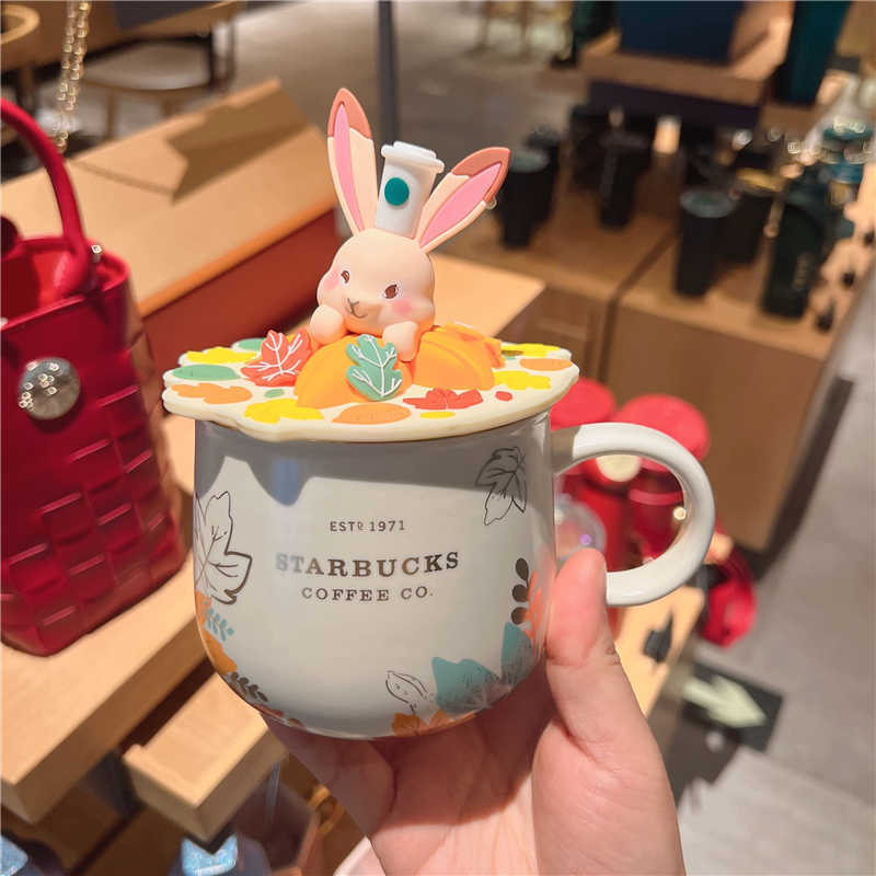 Starbucks cup Mid Autumn Festival cute rabbit fox drinking cup shape bronze Ceramic Mug coffee cup with cover-image-760716718