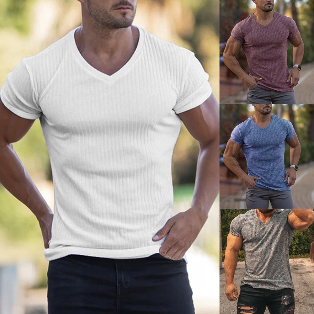 

Men's T-Shirts Summer Casual T-shirt For Men Sweatshirt Sports Slim V Neck Male Tee Shirt Cotton Short Sleeve Solid Color Fitness Tshirt, Black