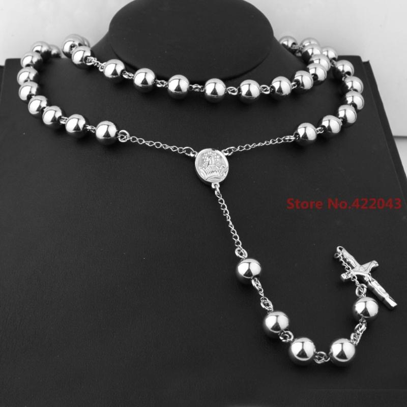 

Chains Arrival Fashion Men Or Womens 34" 316L Stainless Steel 10mm Rosary Beads Silver Color Tone Cool Cross Chain Link NecklaceChains