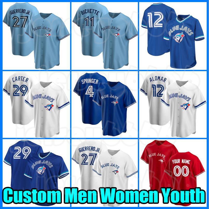 

27 Vladimir Guerrero Jr. Baseball Blue Jersey Bo Bichette George Springer Yusei Kikuchi Cavan Biggio Randal Grichuk Hyun-Jin Ryu Nate Pearson Alek Manoah Joe Carter, Men custom flex base(lanniao)