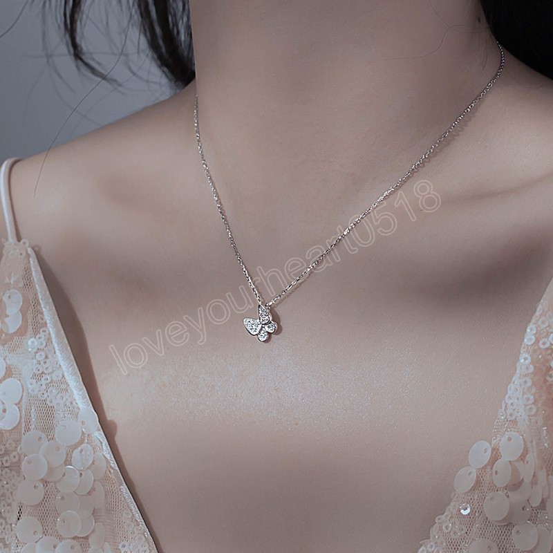 Simple cristal papillon collier couleur argent pendentif colliers pour femmes bijoux cadeau