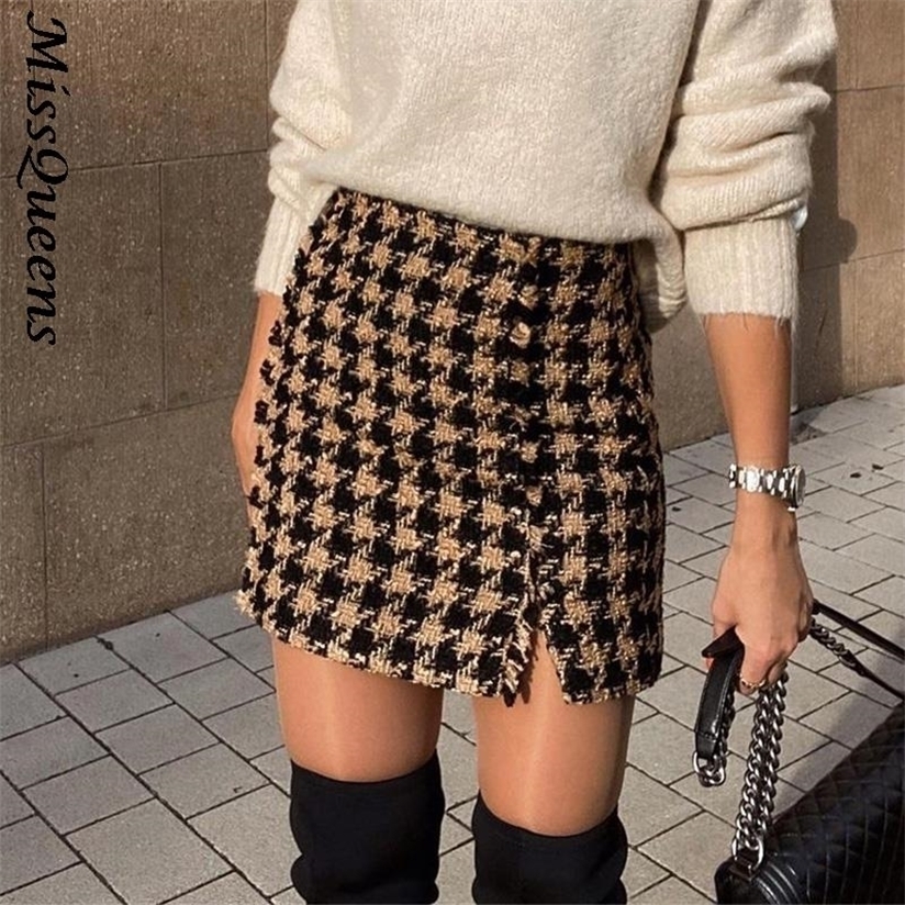 

Women Chic Fashion Front Slit Tweed Mini Skirt Vintage High Waist Side Zipper Female  Houndstooth Pencil 220322, As picture
