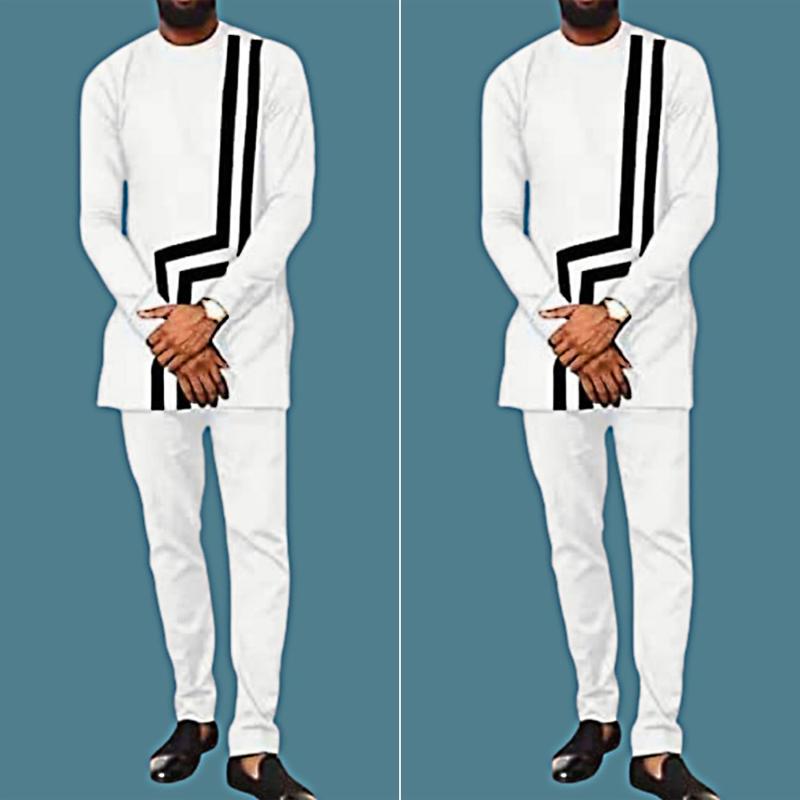 Survêtements pour hommes Dashiki hommes africains à manches longues haut pantalon ensemble 2 pièces tenue imprimé blanc Riche costume de fête che