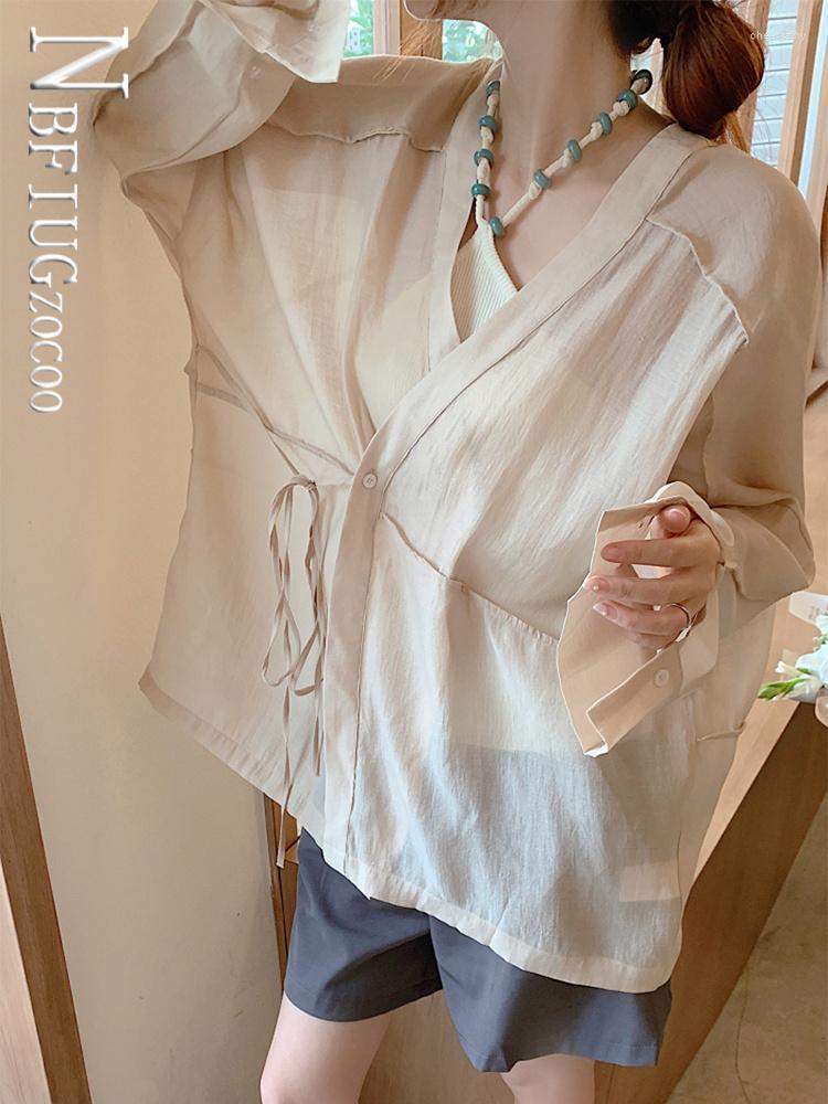

Women's Blouses & Shirts Summer Sunscreen Shirt Women V-neck Long Sleeve Bandage Stitching Loose Casual Blouse Top Female ClothingWomen's Ch, Camis
