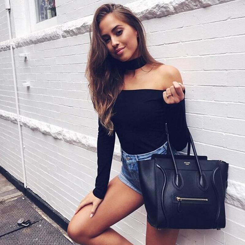 

Women' Blouses & Shirts High Street Sexy Women Long Sleeve Solid With Chocker Off Shoulder Jumpsuit Romper Body Suit Stretch Bodycon Top Bl, Black