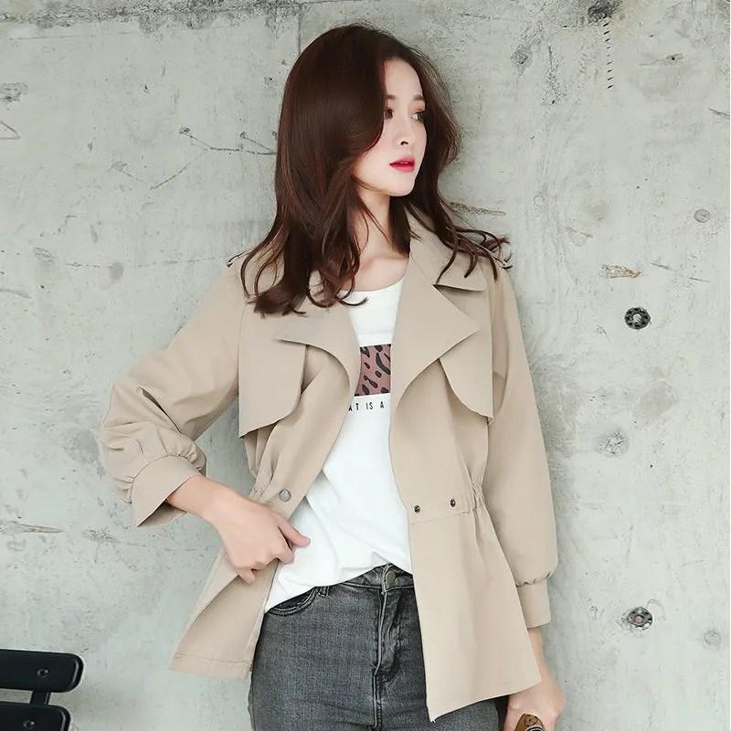 

Women' Trench Coats Women' Coat 2022 Spring Autumn Jackets Waist Slim Short Skirt Hem Nine Point Lantern Sleeve Windbreaker Female Top, Black