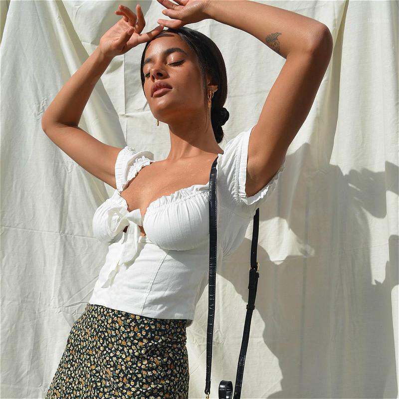 

Women' Blouses & Shirts Women Short Sleeve Crop Tops 2022 Summer Off Shoulder Puff V Neck Corset Frill Trim Casual Female, Black