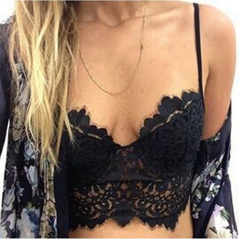 

Women's Tanks & Camis 2022 Women Crop Tank Tops Bralette Lace Crochet Eyelash Sexy Spaghetti Strap Hollow Out Bustier Bra Shirt Summer Blous, Black