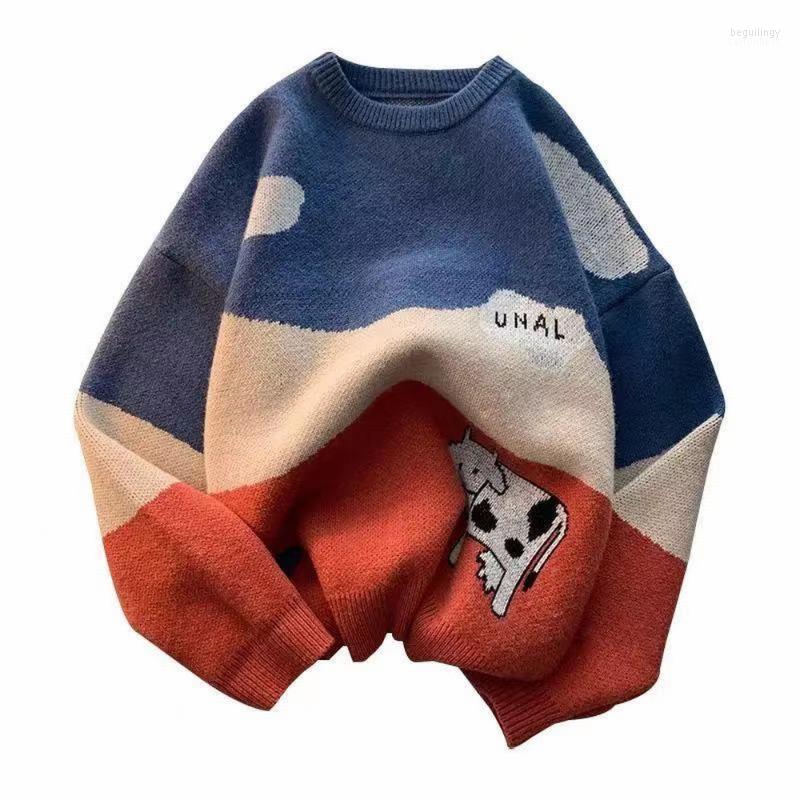 

Vintage Cow Sweater Men Woman Autumn Spring Cartoon Cloud Tree Cows Pollover O-Neck Knitted Streetwear Harajuku Clothes Men's Sweaters Begu2, Green