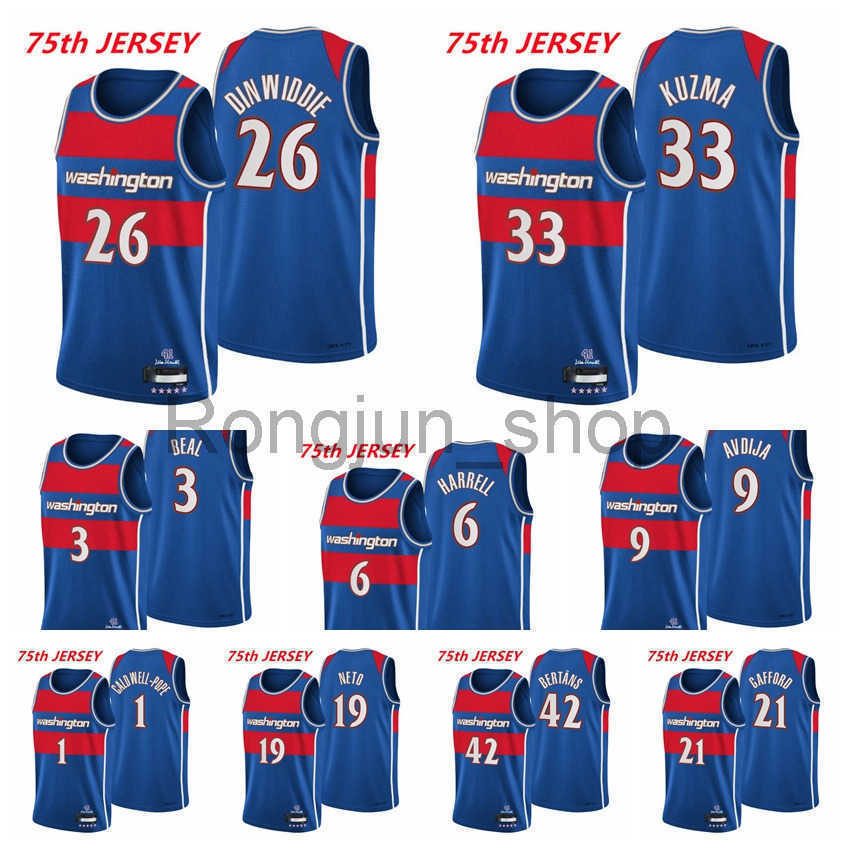 

2021-22 75th Anniversary Printed Mens Basketball Spencer Dinwiddie 26 Kyle Kuzma 33 Bradley Beal Harrell Neto Bertans Pope Kispert Blue