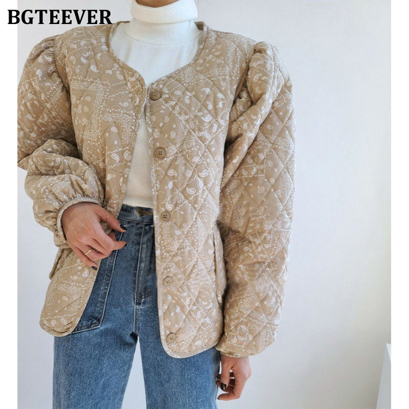 

Stylish O-neck Printed Women Down Coats Long Sleeve Lace-up Female Parkas 2021 Winter Ladies Down Jackets, Black