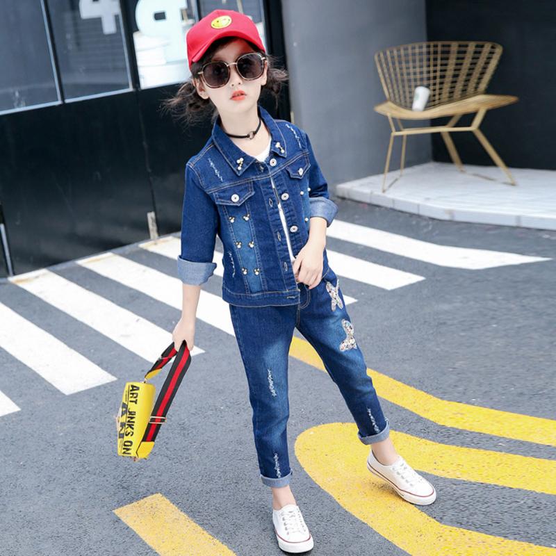 

Clothing Sets Fashion Spring Autumn Kids Girls Denim O-Neck Tops + Jeans 2 PCS Long Sleeve Cute Suits 6 To 15 Years Old, Blue
