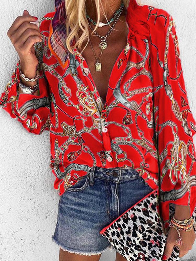 

Women' Blouses & Shirts Design Plus Size Women Blouse V-neck Long Sleeve Chains Print Loose Casual Womens Tops And BlousesWomen, Beige