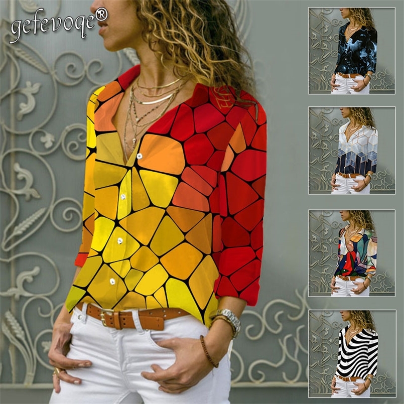 

lattice Printed Long Sleeve Shirts Women's Clothing Autumn Elegant Office Lady Button All-match Casual Chiffon Blouses 220407