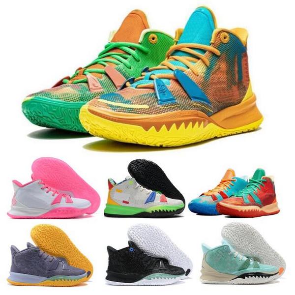 

2022 Kyrie 7 7s Men Basketball Shoes Sneakers Confetti Visions Room Fire Air and Earth Water Trainers, Gold