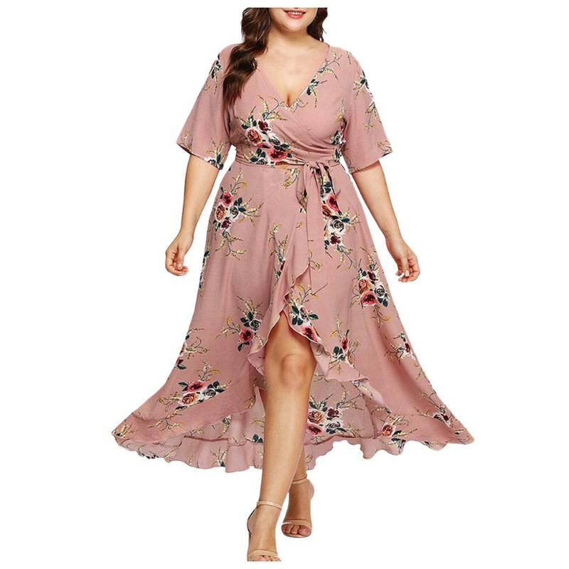 

Plus Size Dresses 2022 Fahsion Women Summer Long Dress 5XL Curvy Woman V Neck Short Sleeve Floral Print Ruffles Boho Beach, Black