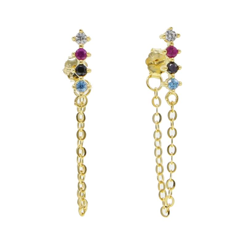 

Stud Sterling Silver Delicate Rainbow Colourful CZ Geometry Square Long Tassels Earrings For Women Girl Gift Wedding JewelryStud