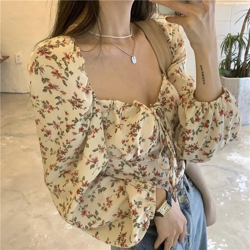 

Women's T-Shirt Preppy Style Floral Square Collar Puff Sleeve Shirt 2022 Spring And Summer French Lace-up Chic Tops WomenWomen's, Photo color