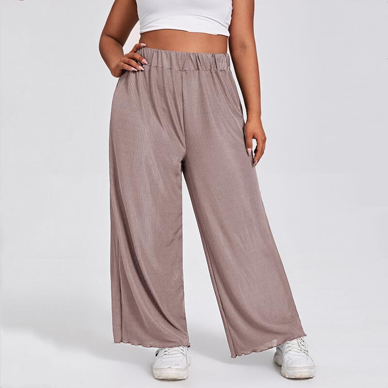 

Women's Plus Size Pants Elastic Waist Summer Elegant Wide Leg Women Lettuce Trim Loose Casual Straight Trousers BottomsWomen's, Pink