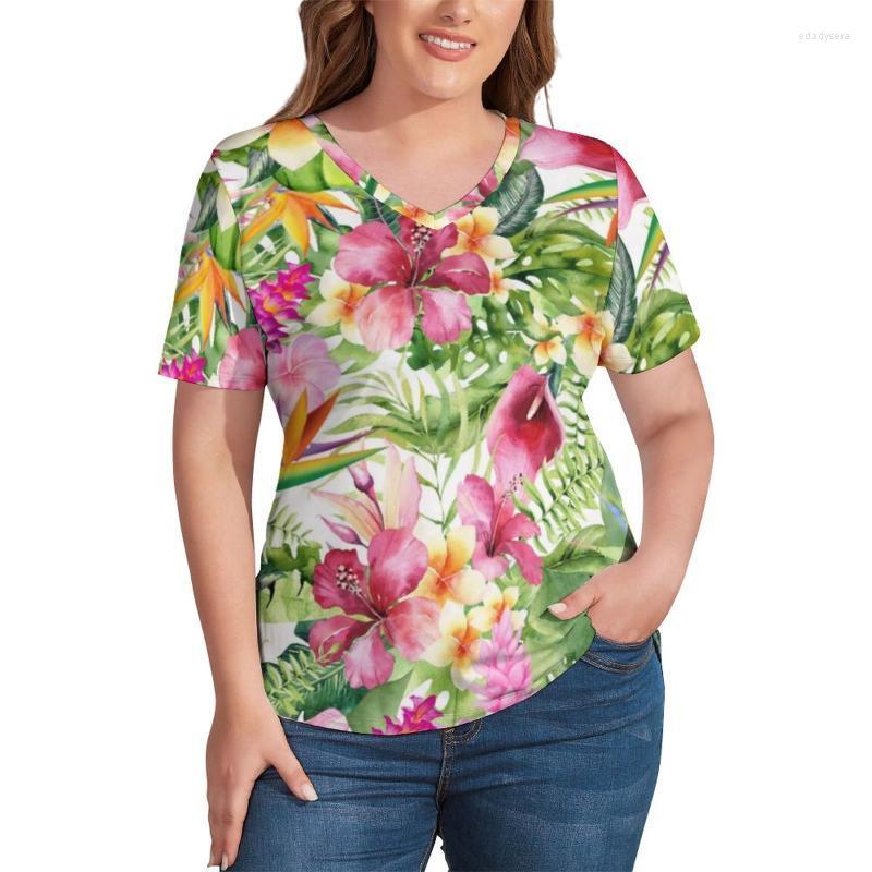 

Women039s Plus Size TShirt Bright Flowers Tropical Hawaiian Floral Kawaii T Shirts Short Sleeve V Neck Basic Tees Ladies Sexy, Style-1