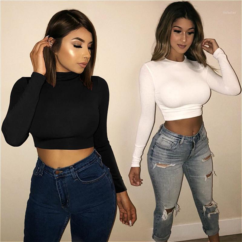 

Women' Blouses & Shirts 2022 Fashion Women Long Sleeve Solid Slim Short Crop Tops Bodycon Skinny Sexy Blouse Female Shirt Clubwear, Black