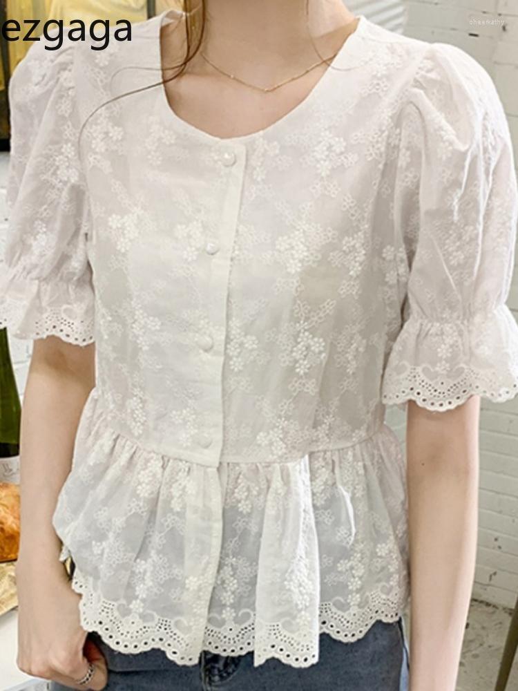 

Women' Blouses & Shirts Ezgaga Women Sweet Lace Puff Short Sleeve O Neck Korean Fashion Blouse Chic Single Breasted Female Tops Elegant Cas, White