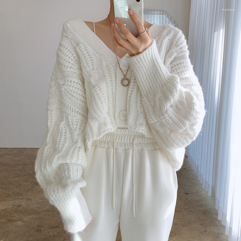 

Women's Knits & Tees Autumn Women's Clothing Sweater Lazy Loose Fashion V-Neck Single-Breasted Twist Lantern Sleeve Knit Cardigan Short, White