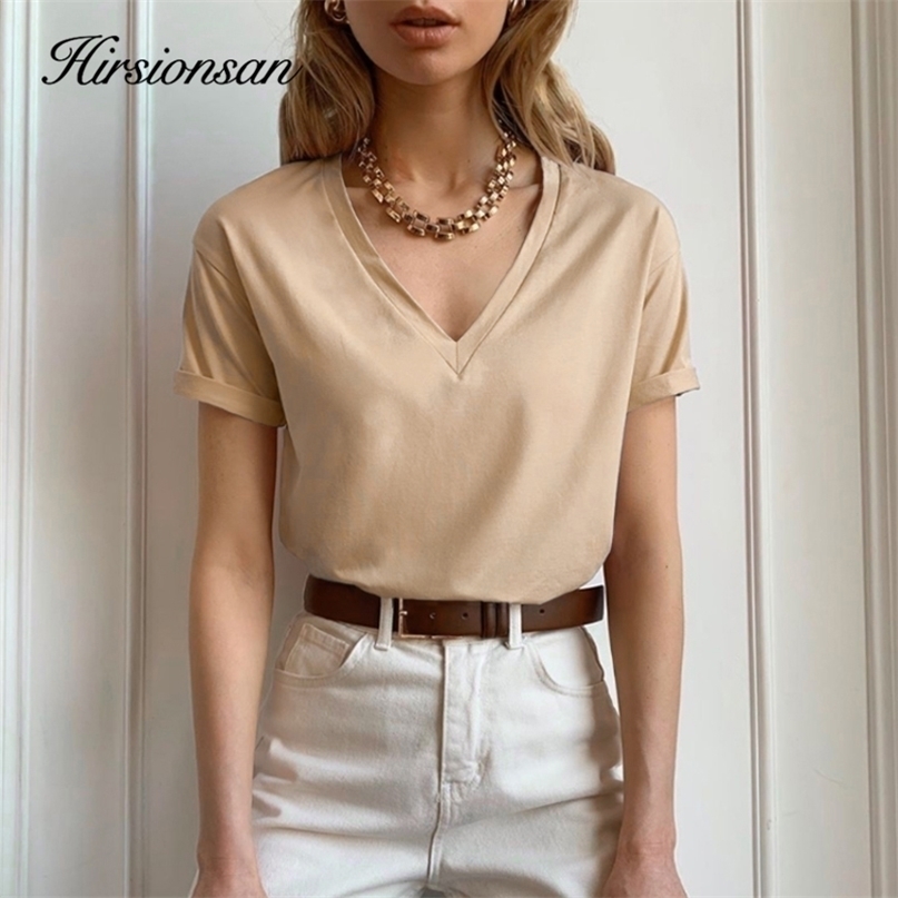 

Hirsionsan 100% Cotton Summer T Shirt Women Soft Short Sleeve V Neck Female Tees Basic Kintwear Tops Harajuku Tshirt for Ladies 220402, Khaki