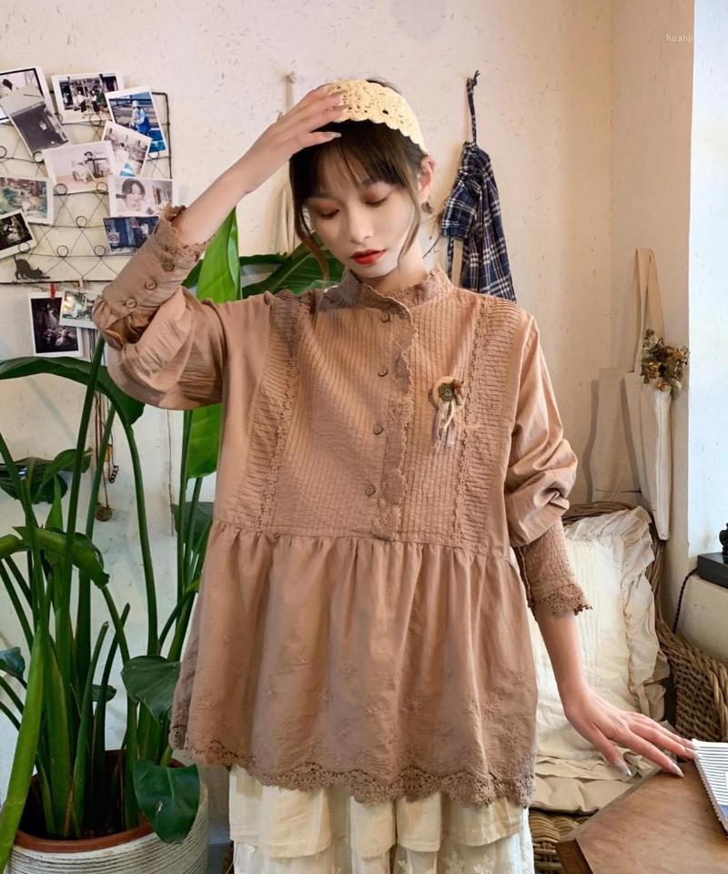 

Mori Women's Lace Wood Ear Half Cardigan Blouse Female Crochet Lantern Long Sleeve Cover Tummy Waist Top Blouses & Shirts, Beige