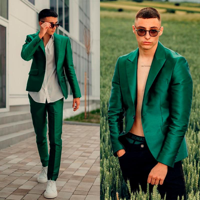Men&#039;s Suits & Blazers Green Men Suit Tailor-Made 2 Pieces Modern One Button Blazer Pants Satin Fashion Wedding Groom Business Causal Prom Ta-image-771676901